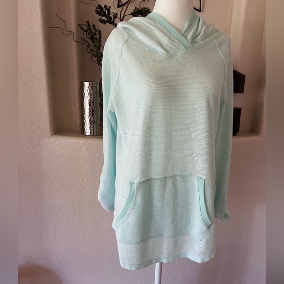 Calvin Klein Womens L Aqua   Hoodie Shadow Stripe Roll Sleeve Top Front Pocket - Picture 1 of 9